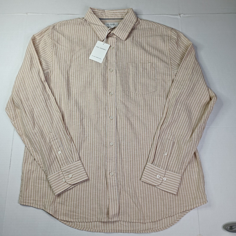 NWT Free Assembly Men's‎ Long Sleeve Linen Blend Shirt Size L Large Tan Striped